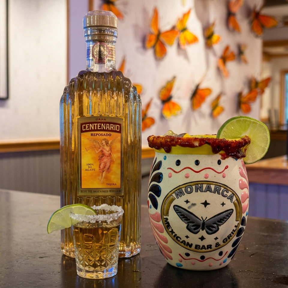 Centenario Reposado tequila bottle beside a lime-garnished, chili-rimmed Monarch Mexican Bar & Grill cocktail on the restaurant bar.