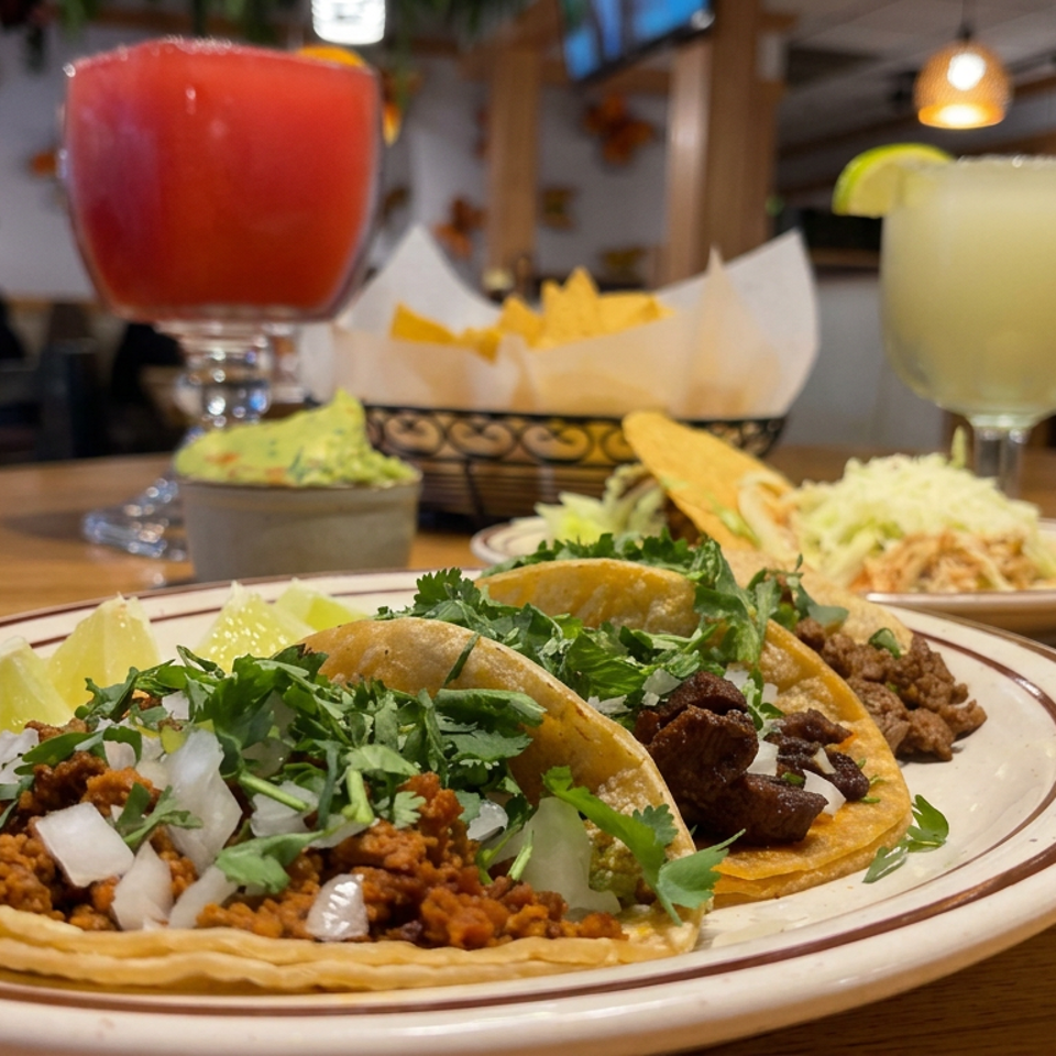 Mexican restaurant table featuring tacos with cilantro and onions, guacamole, chips, rice, and colorful drinks.