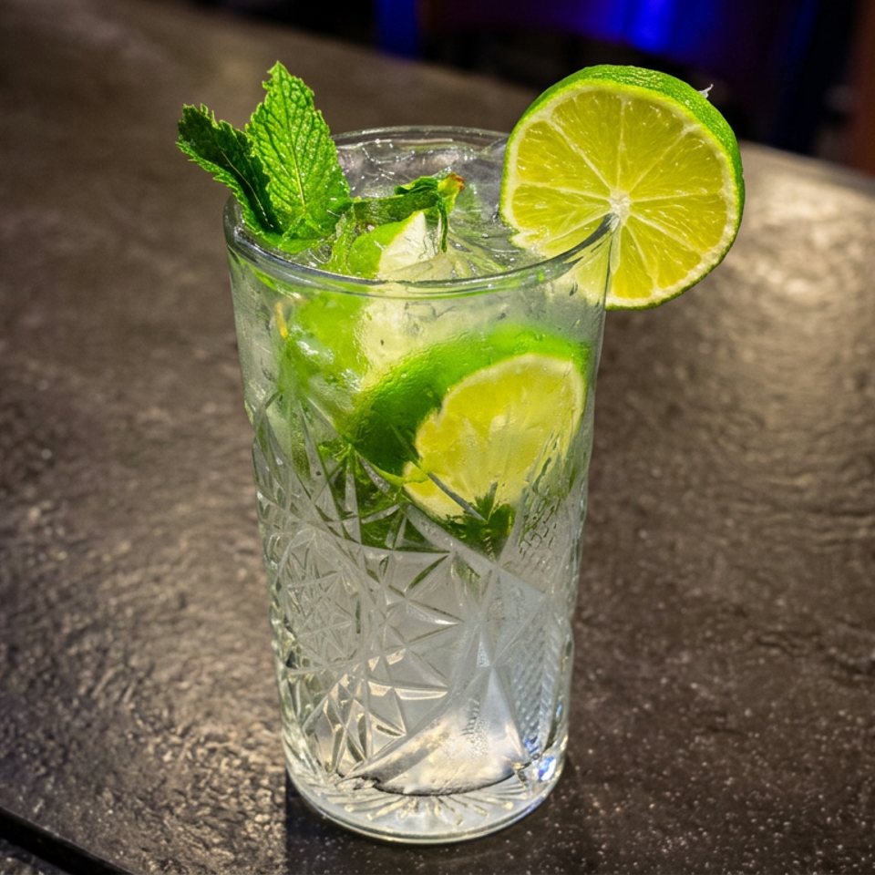 Mint and lime mojito with ice served in a cut-glass tumbler on a dark bar counter.